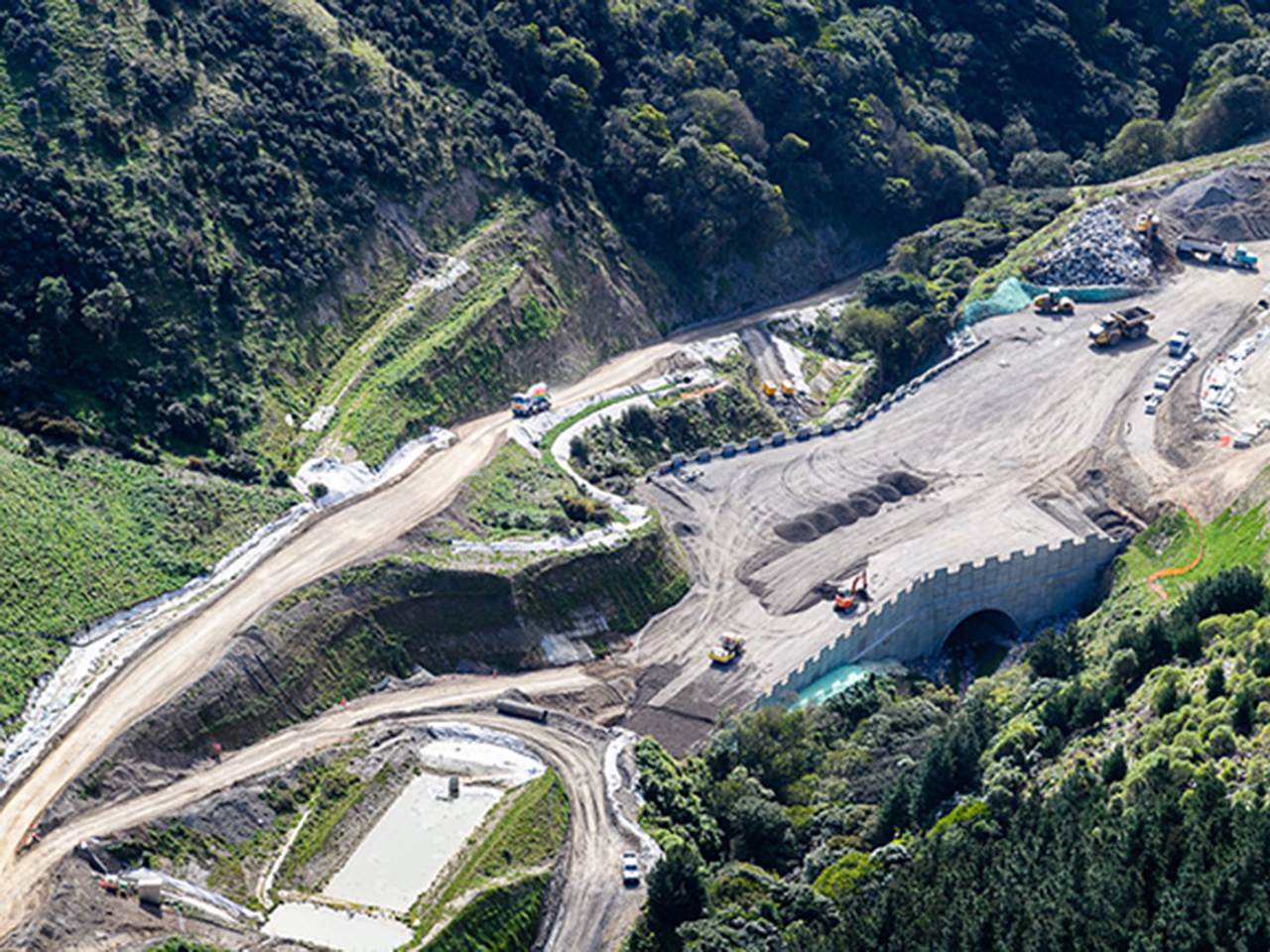Aerial view of the TechSpan precast concrete arches and Reinforced Earth MSE walls for New Zealand road infrastructure, Transmission Gully Project.