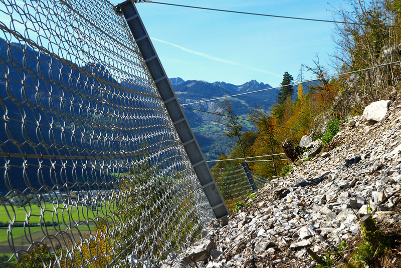 Rockfall barrier: rockfall protection fence in a mountainous area