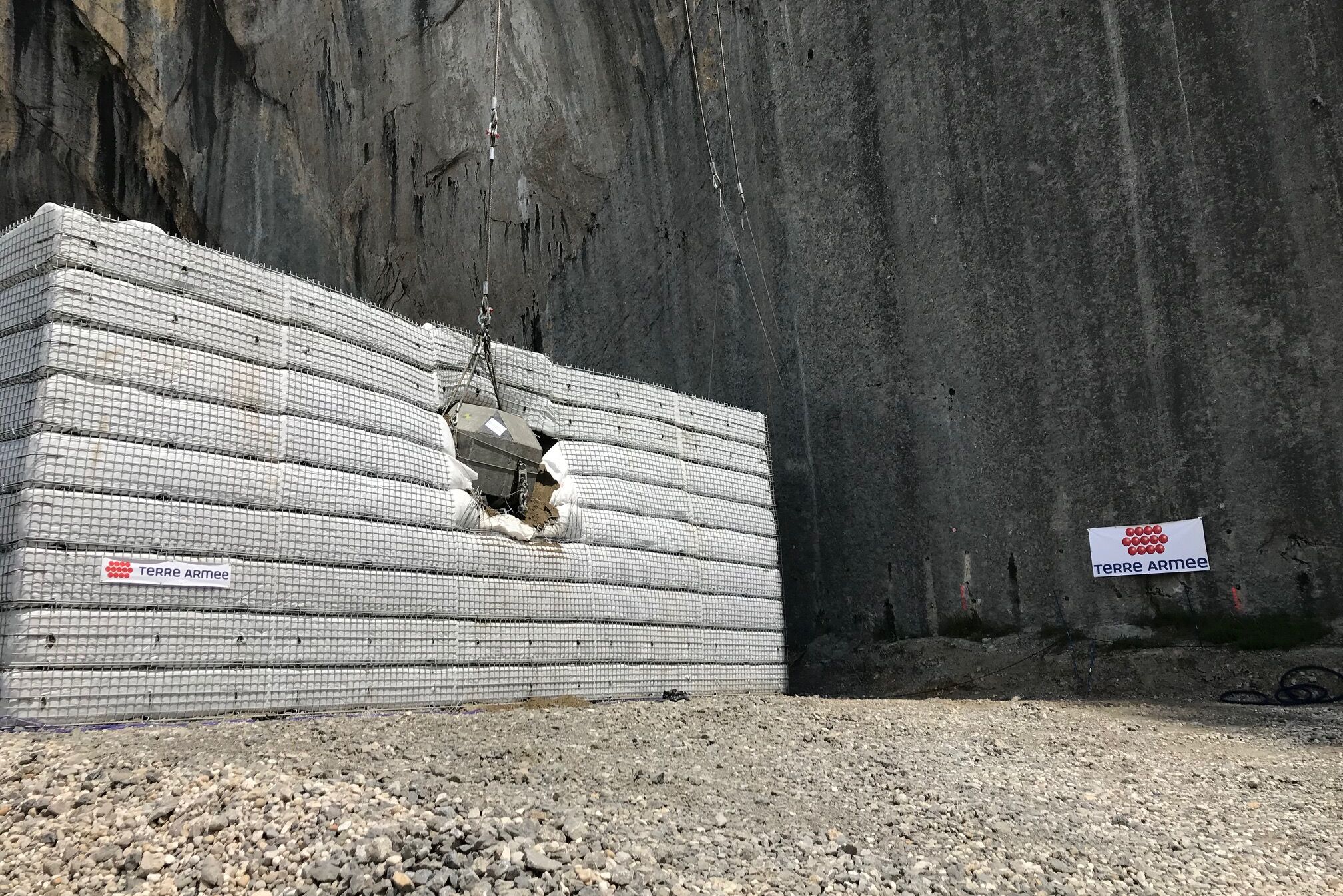 Rockfall protection bund or embankment made of MSE walls.