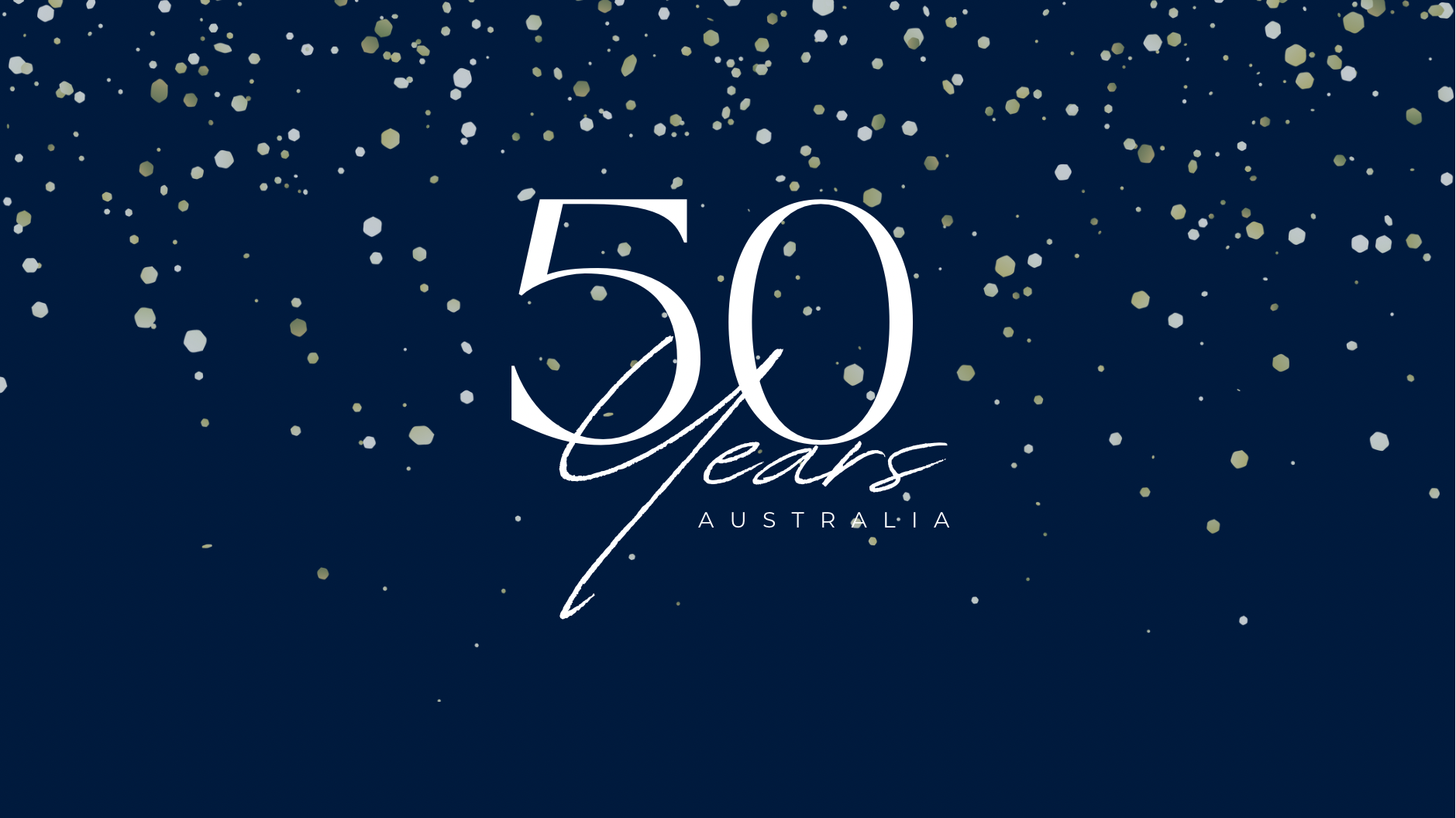 50 year Anniversary Reinforced Earth Australia in blue with white text and golf and white confetti