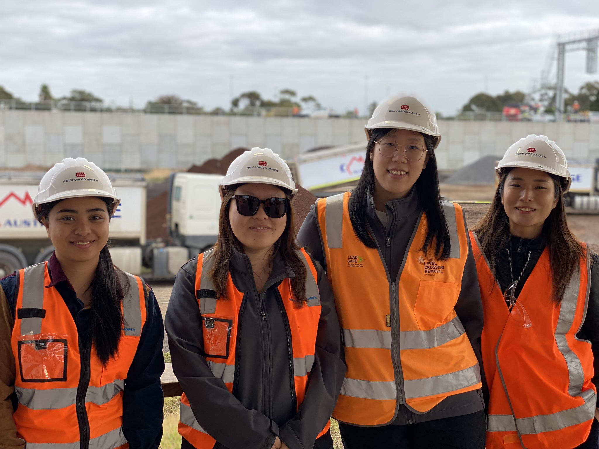 Reinforced Earth design engineers visit the Reinforced Earth walls made of precast concrete and soil interaction structural supports at the South Geelong to Waurn Ponds Duplication Rail Project in Victoria, Australia